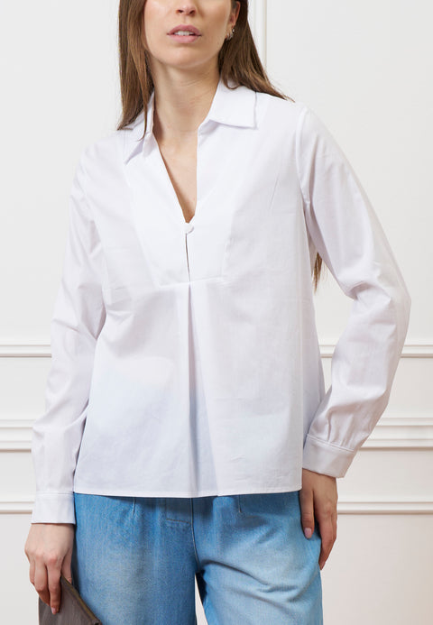 Camicia con scollo a v in popeline - BIANCO