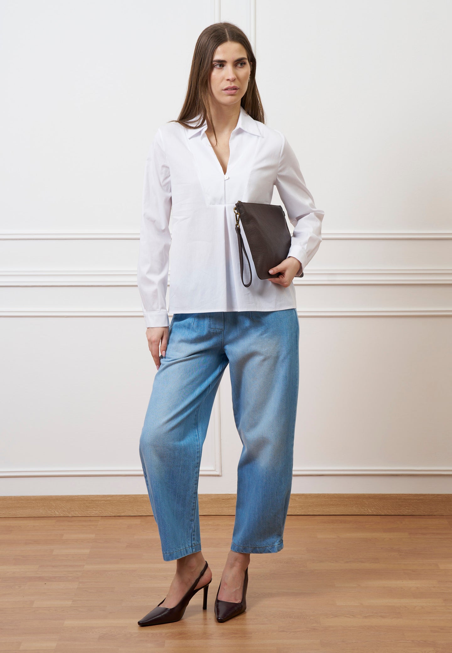 Camicia con scollo a v in popeline - BIANCO