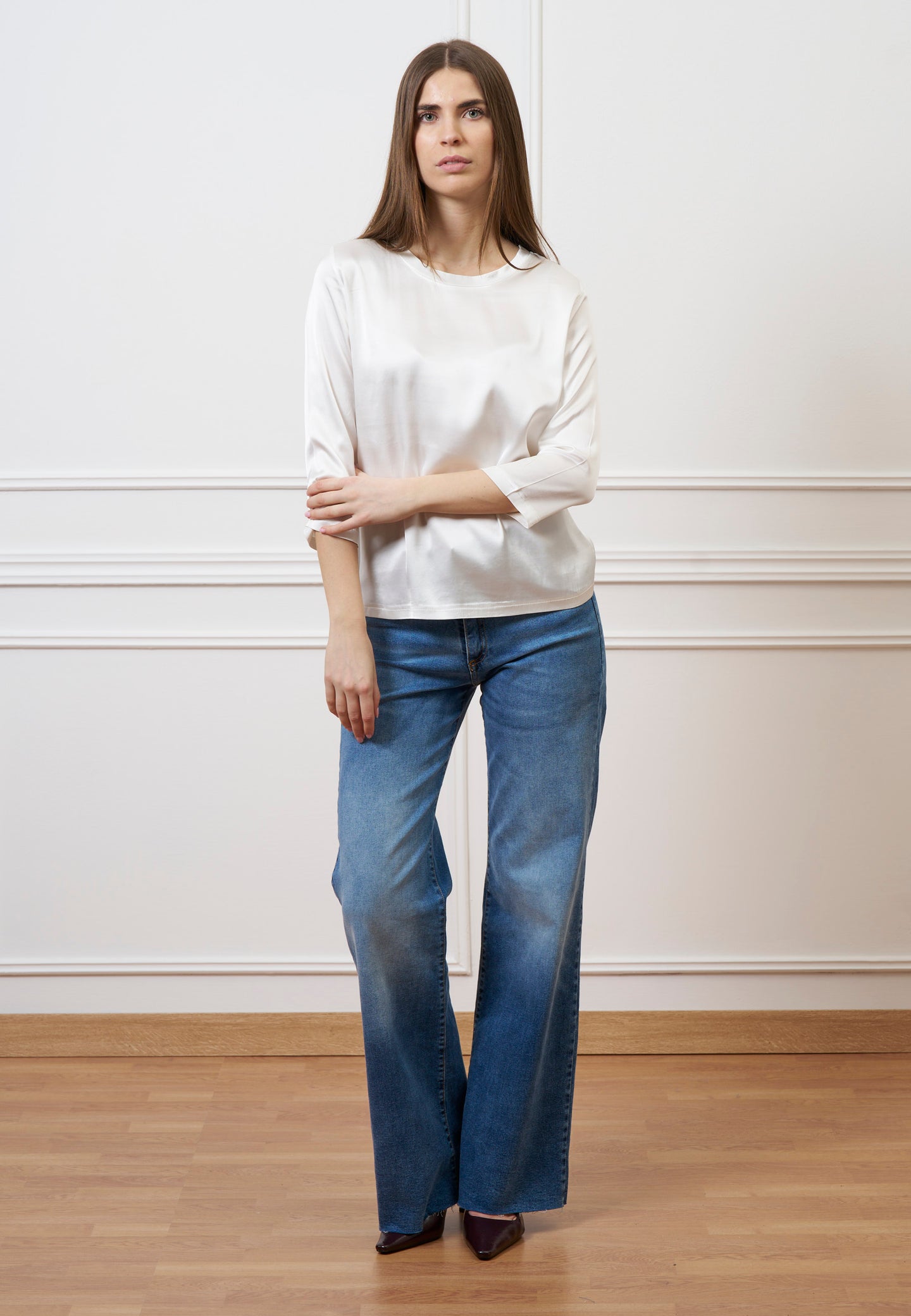 Blusa in raso maniche trequarti - AVORIO