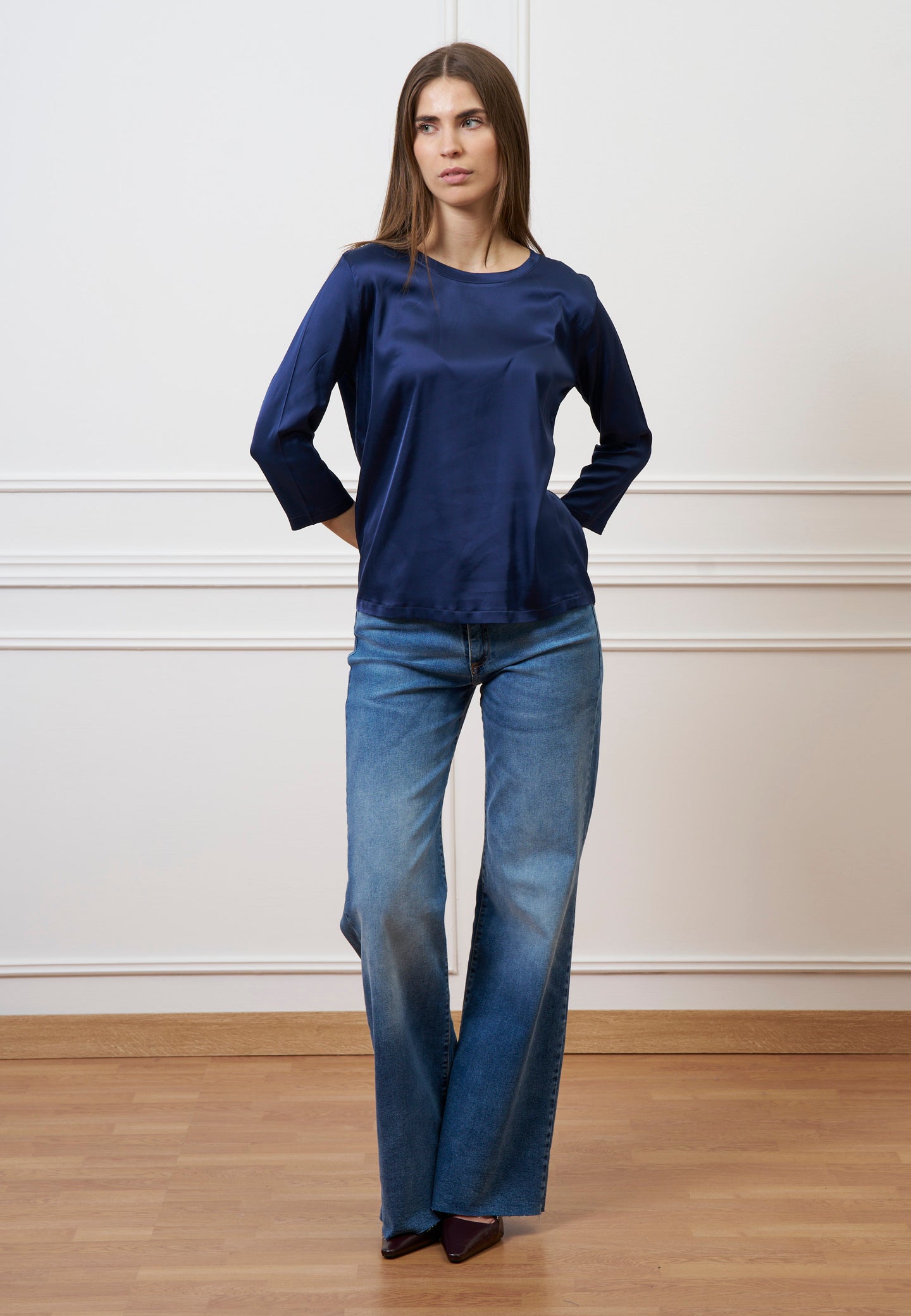 Blusa in raso maniche trequarti - BLU