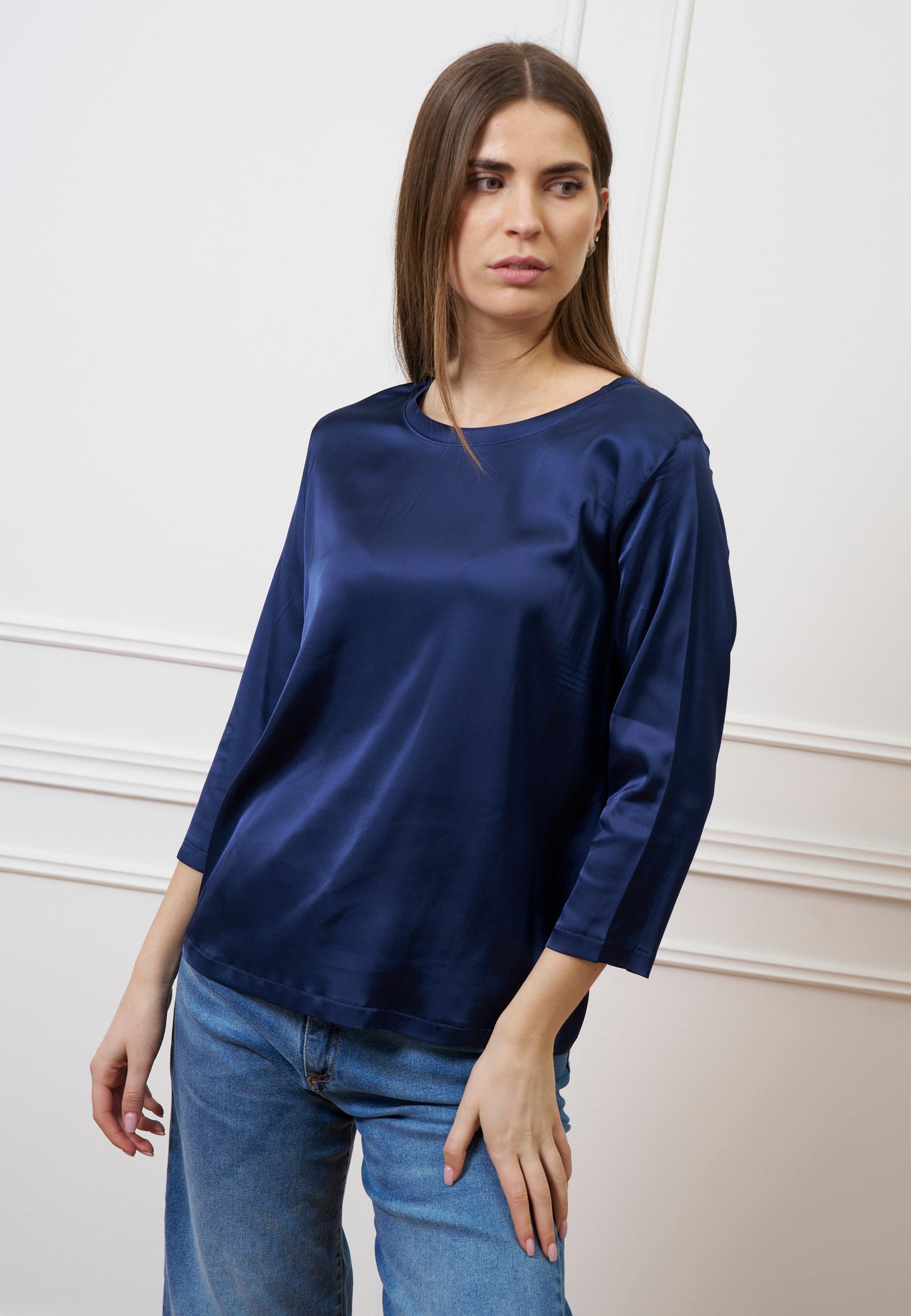 Blusa in raso maniche trequarti - BLU