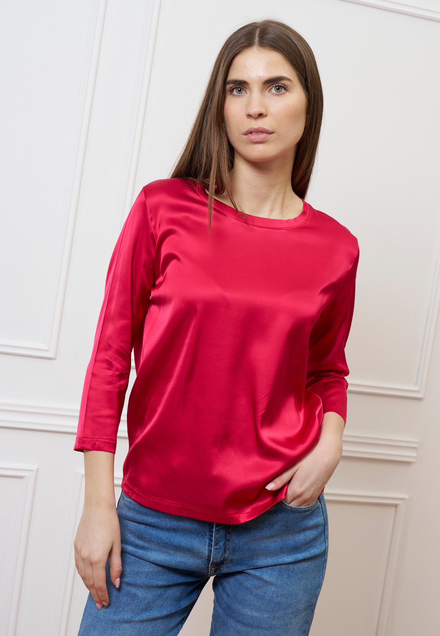 Blusa in raso maniche trequarti - ROSSO