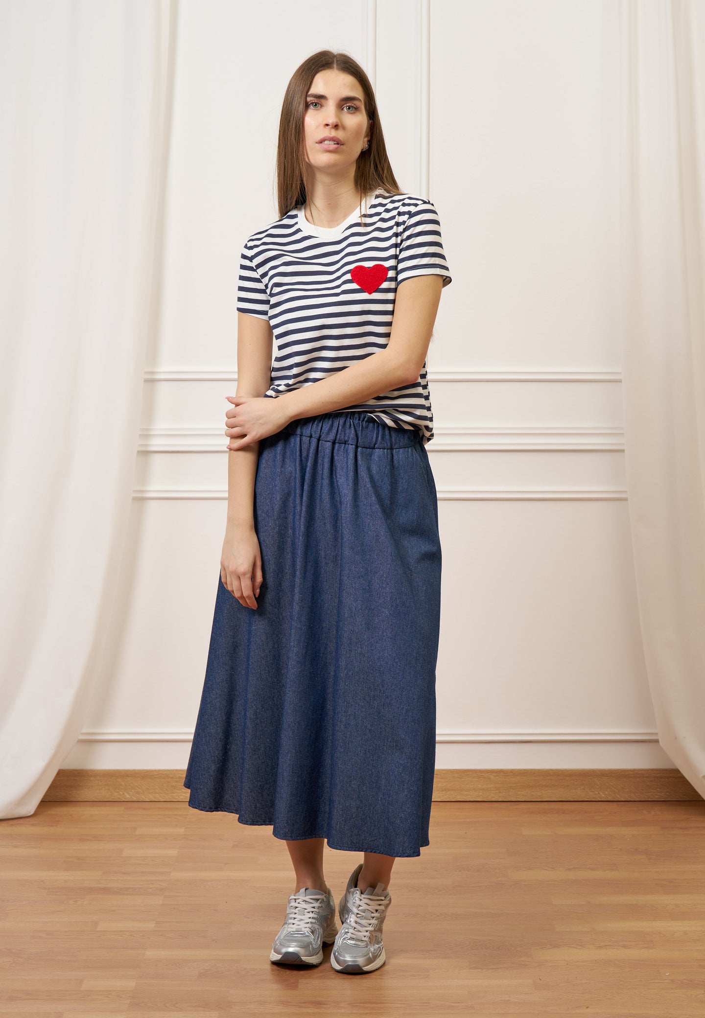 Gonna midi a ruota effetto denim