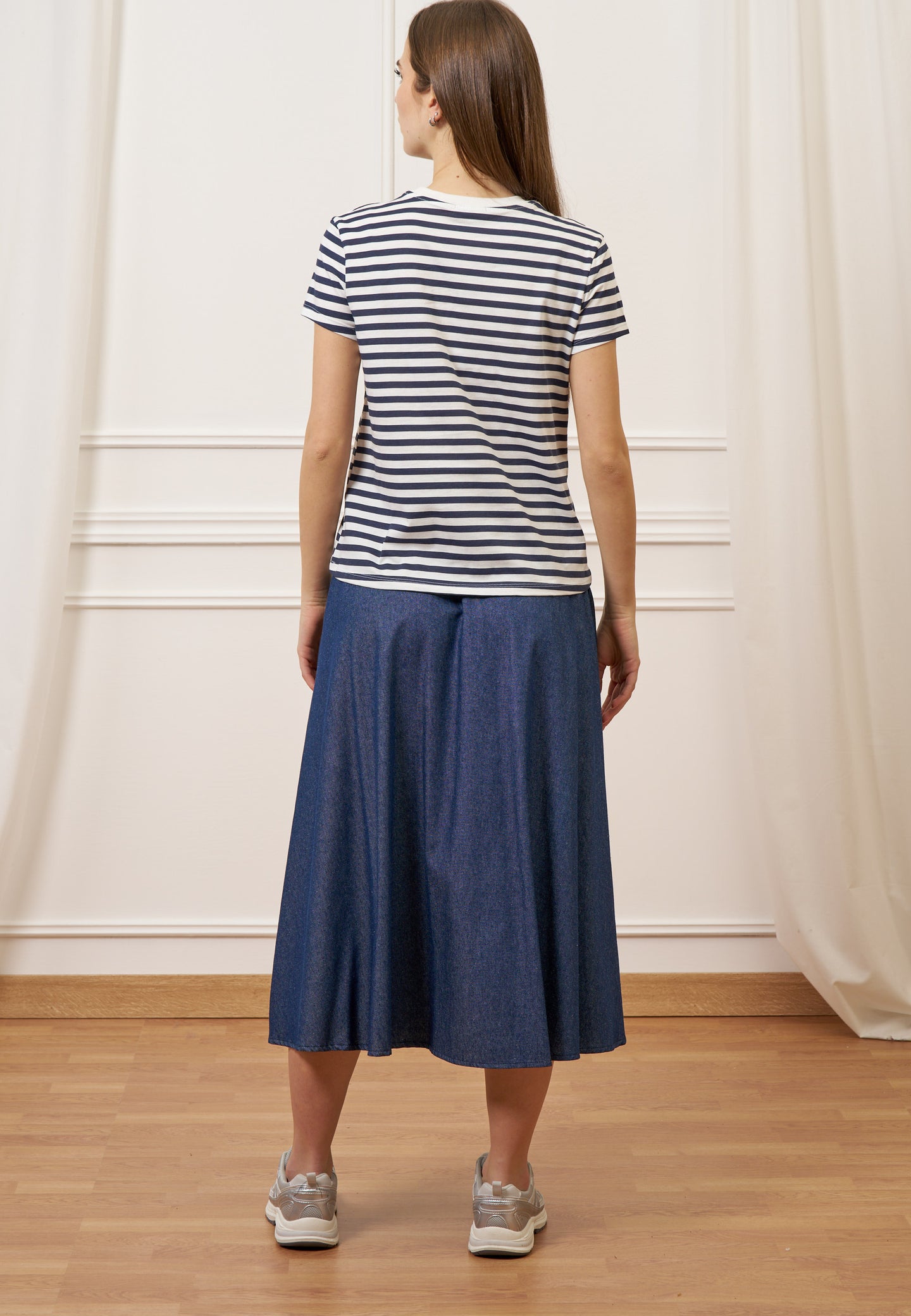 Gonna midi a ruota effetto denim