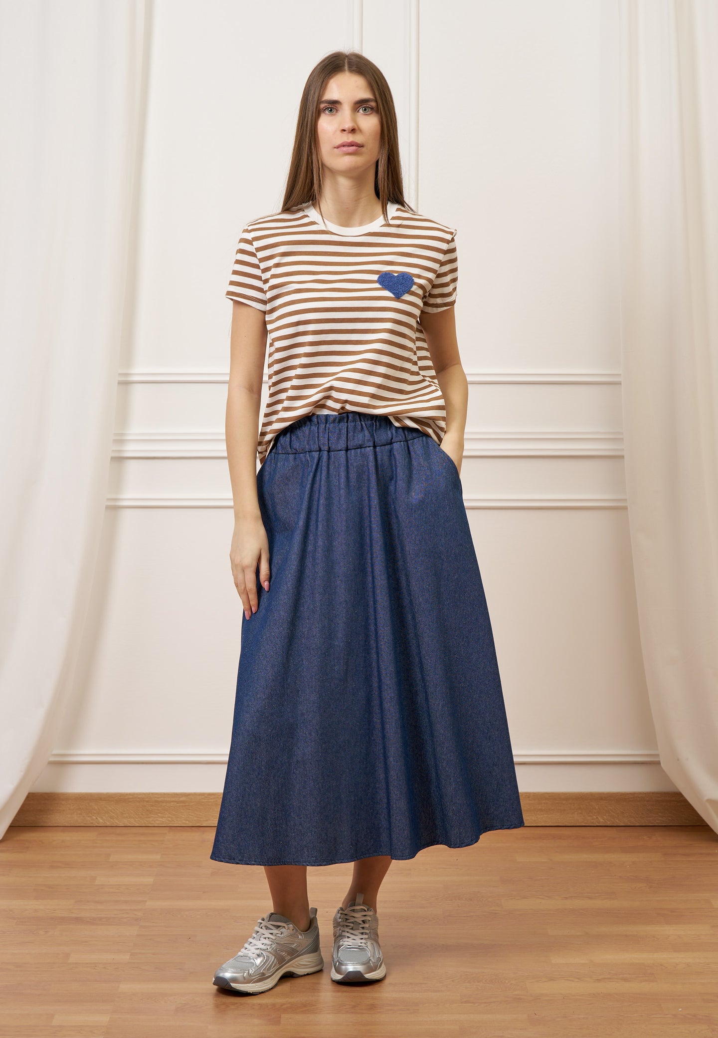 Gonna midi a ruota effetto denim