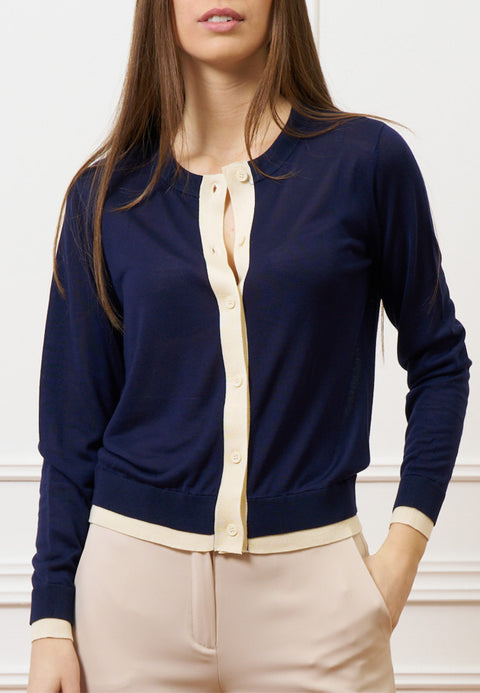 Cardigan in seta e cotone con bordi a contrasto - BLU