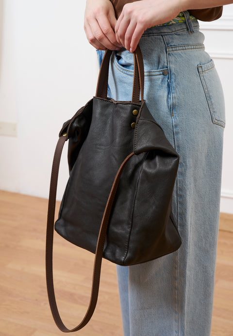 Borsa shopper in pelle con manici - MARRONE