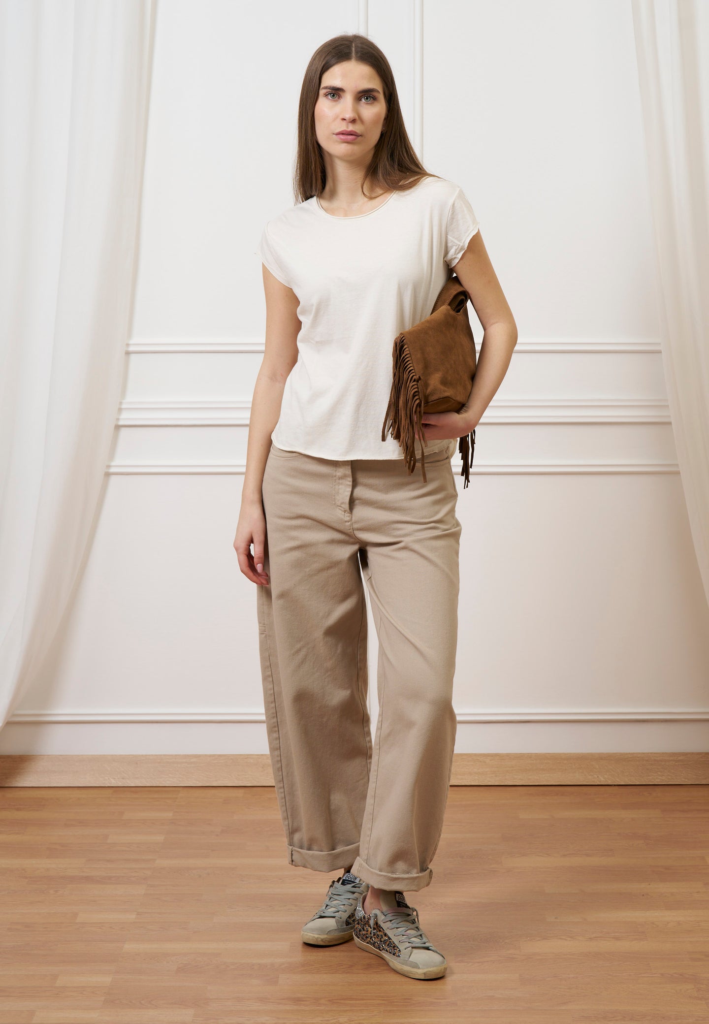 Borsa in camoscio con frange laterali - TABACCO