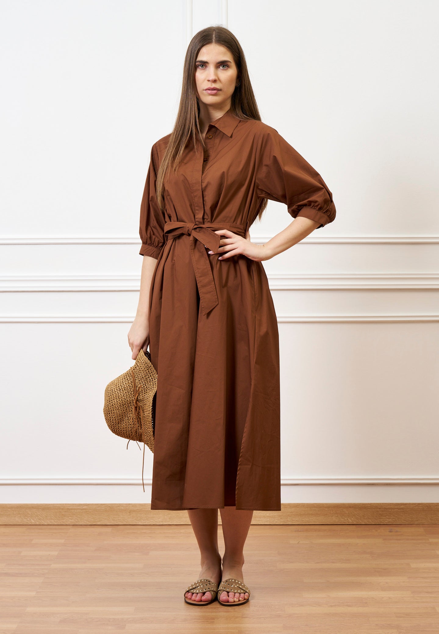 Vestito lungo in cotone - TABACCO