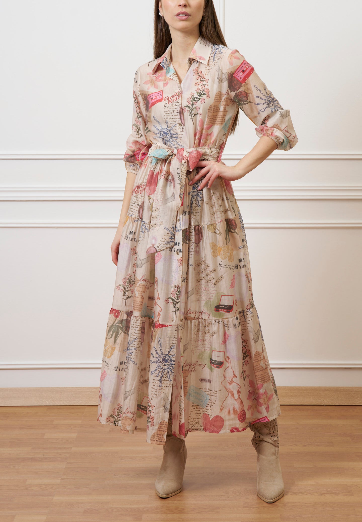 Vestito lungo chemisier con cintura - AVORIO/ROSA