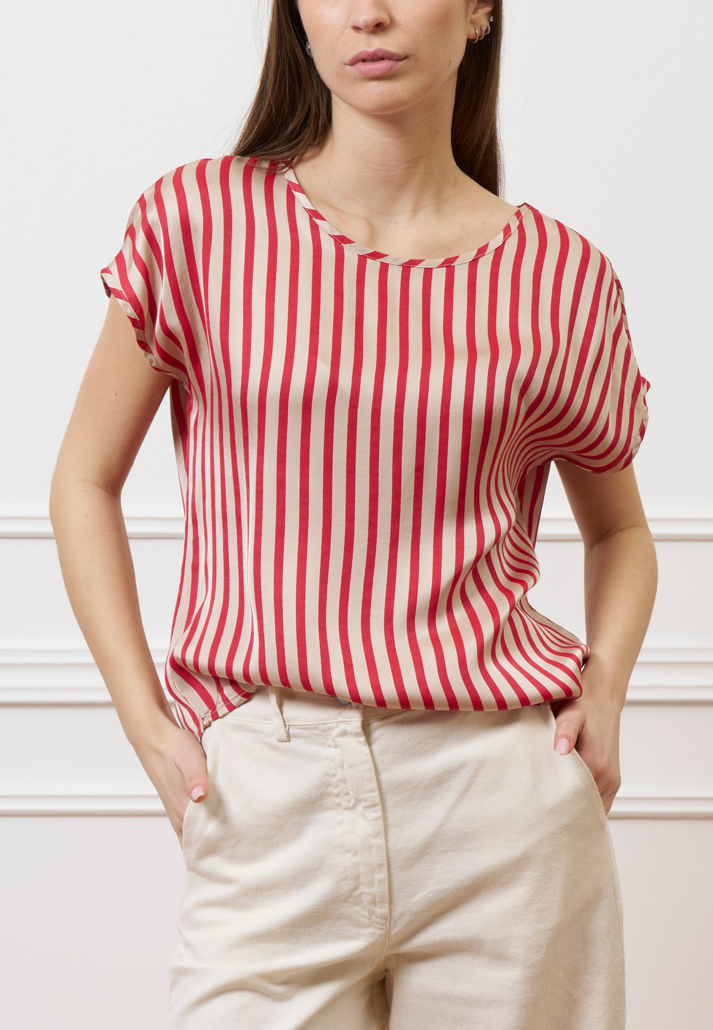 Blusa in raso a righe - ROSSO/BEIGE