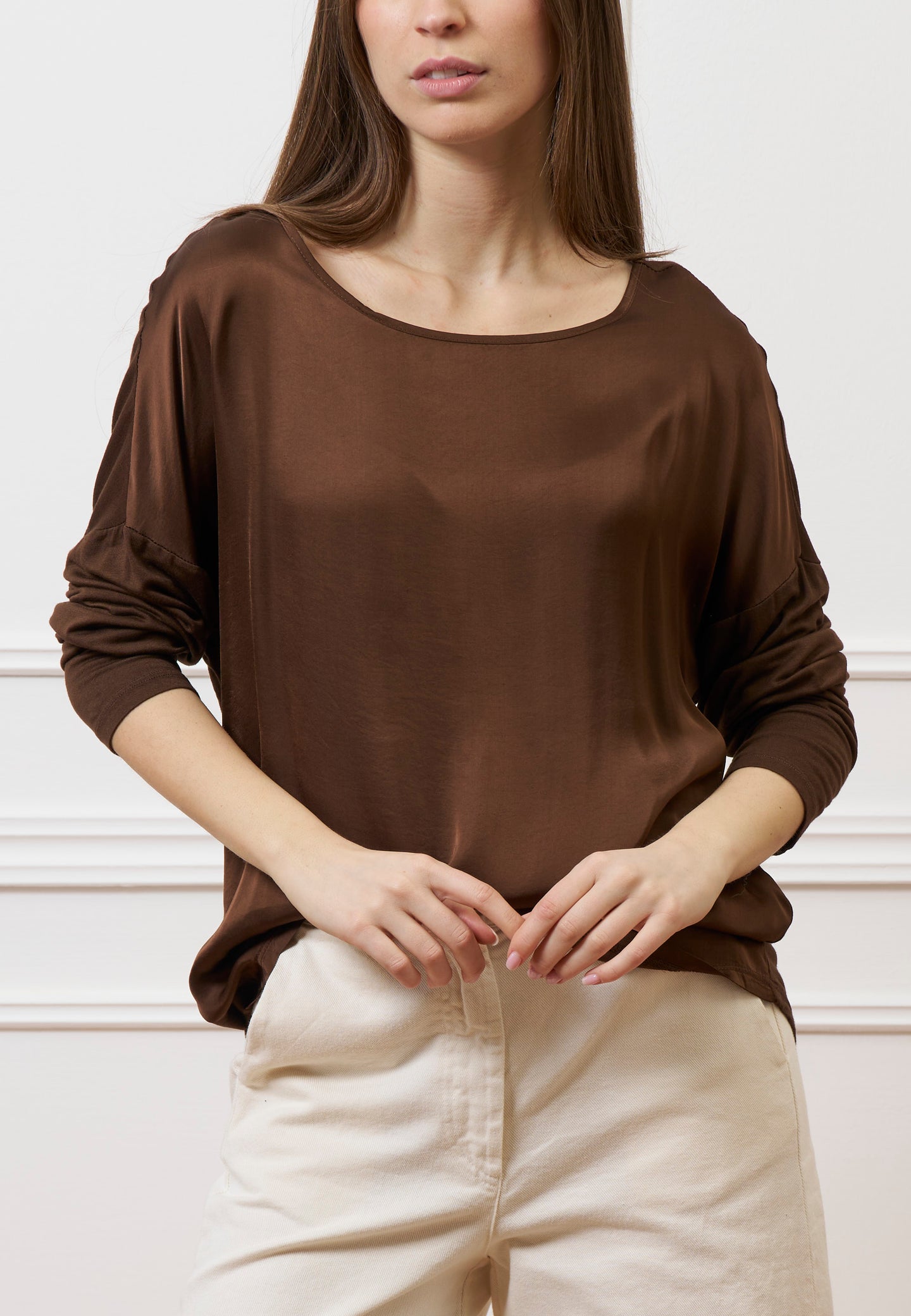 Blusa over in raso e jersey - MARRONE