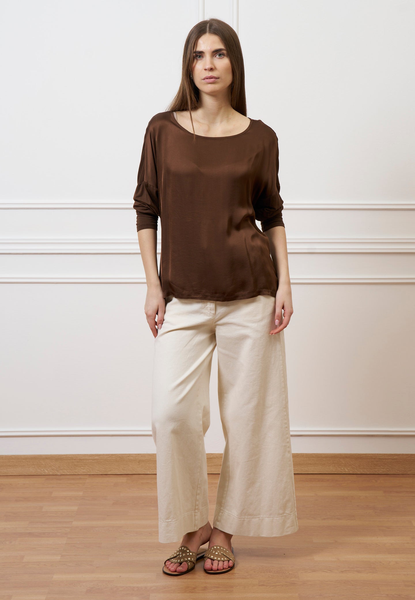 Blusa over in raso e jersey - MARRONE
