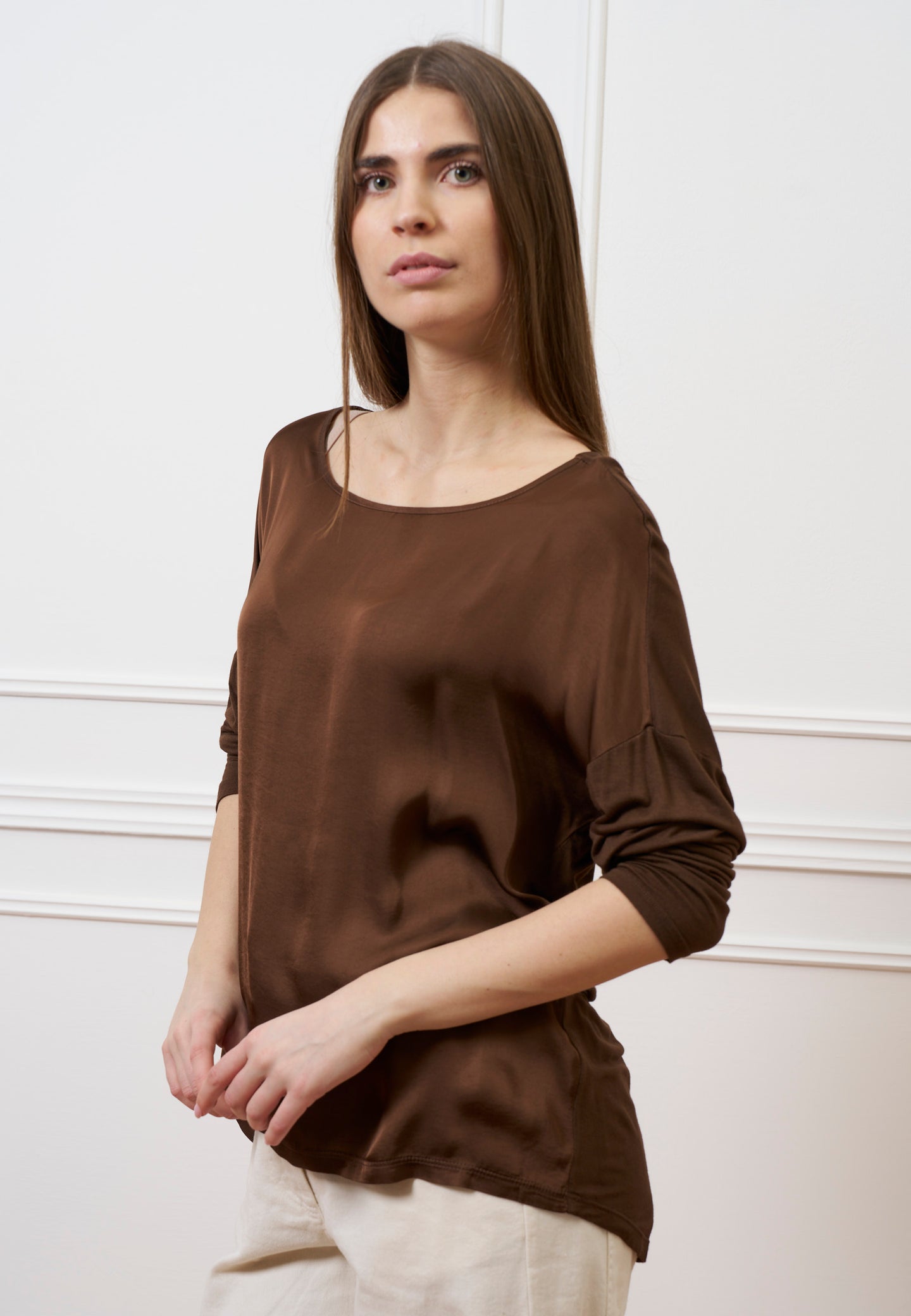 Blusa over in raso e jersey - MARRONE