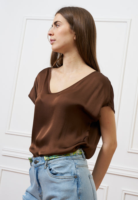 Blusa in raso a maniche corte - MARRONE