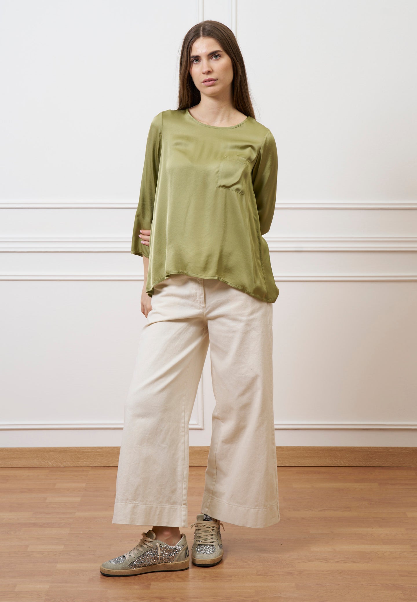 Blusa con taschino e arriccio retro - SALVIA