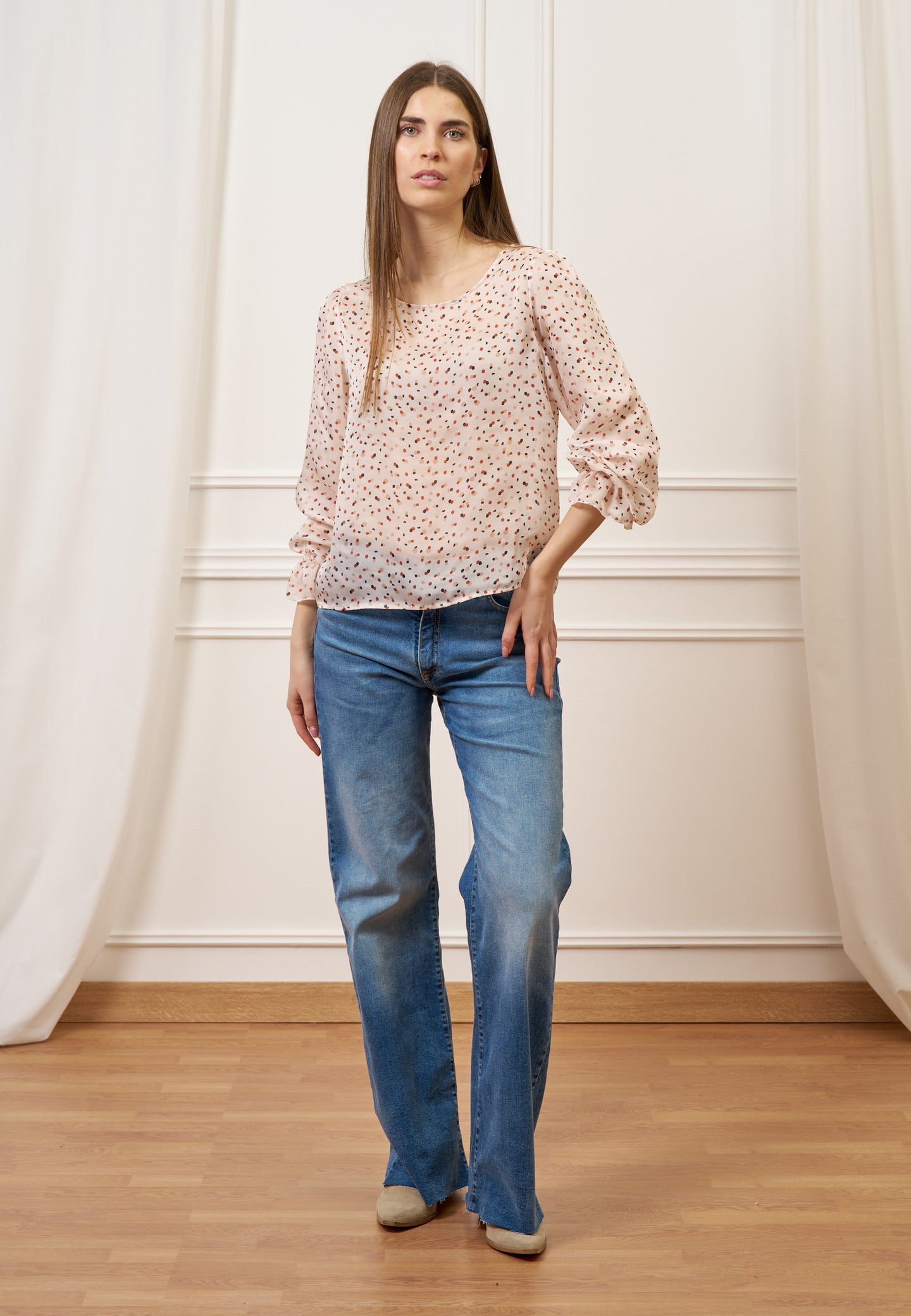 Blusa fantasia con polso volant - AVORIO/COCCIO