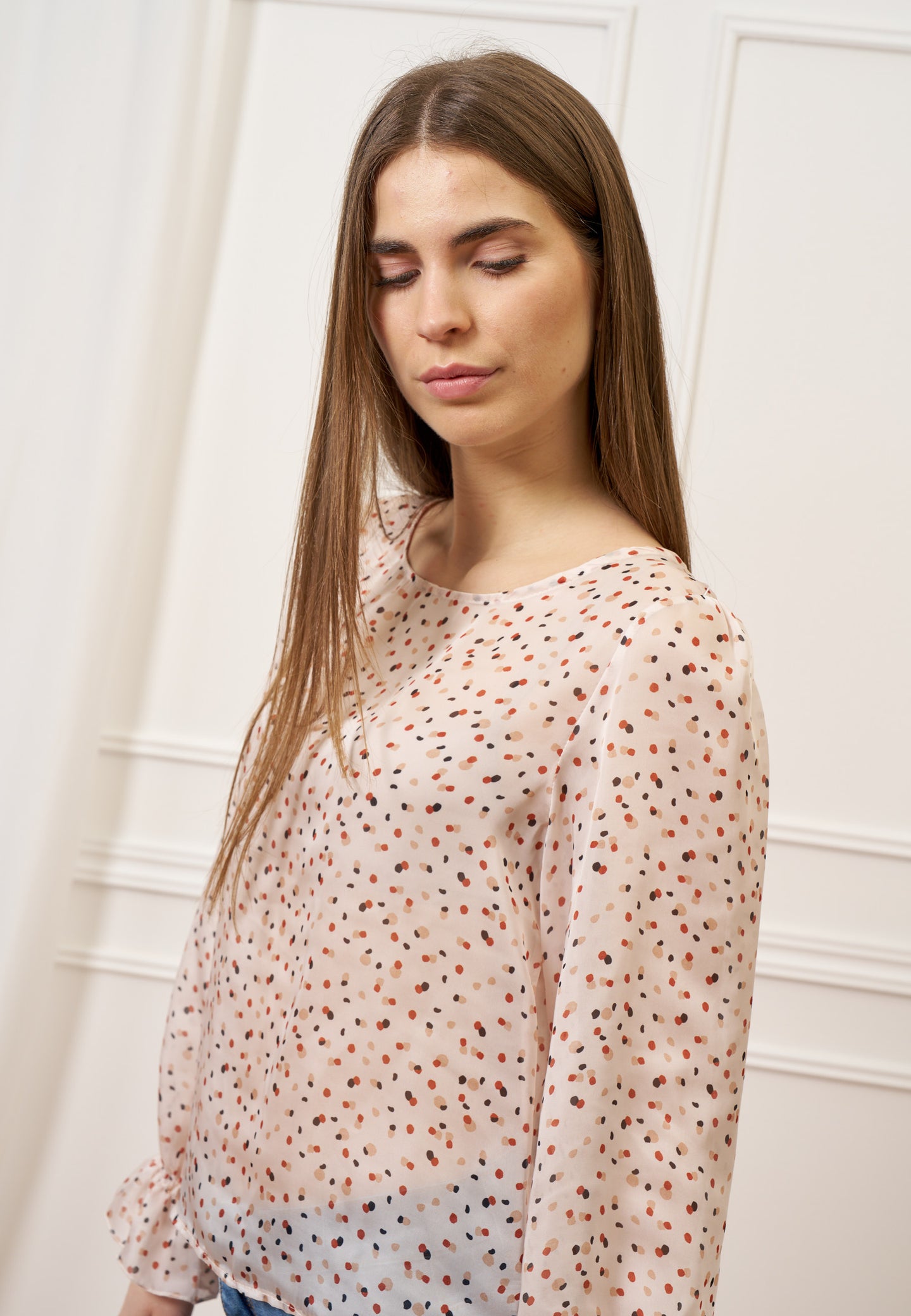 Blusa fantasia con polso volant - AVORIO/COCCIO