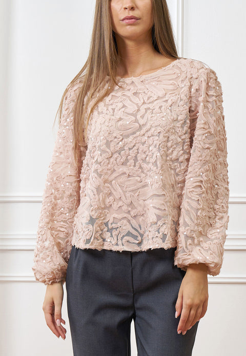 Blusa fiori rilievo paillettes
