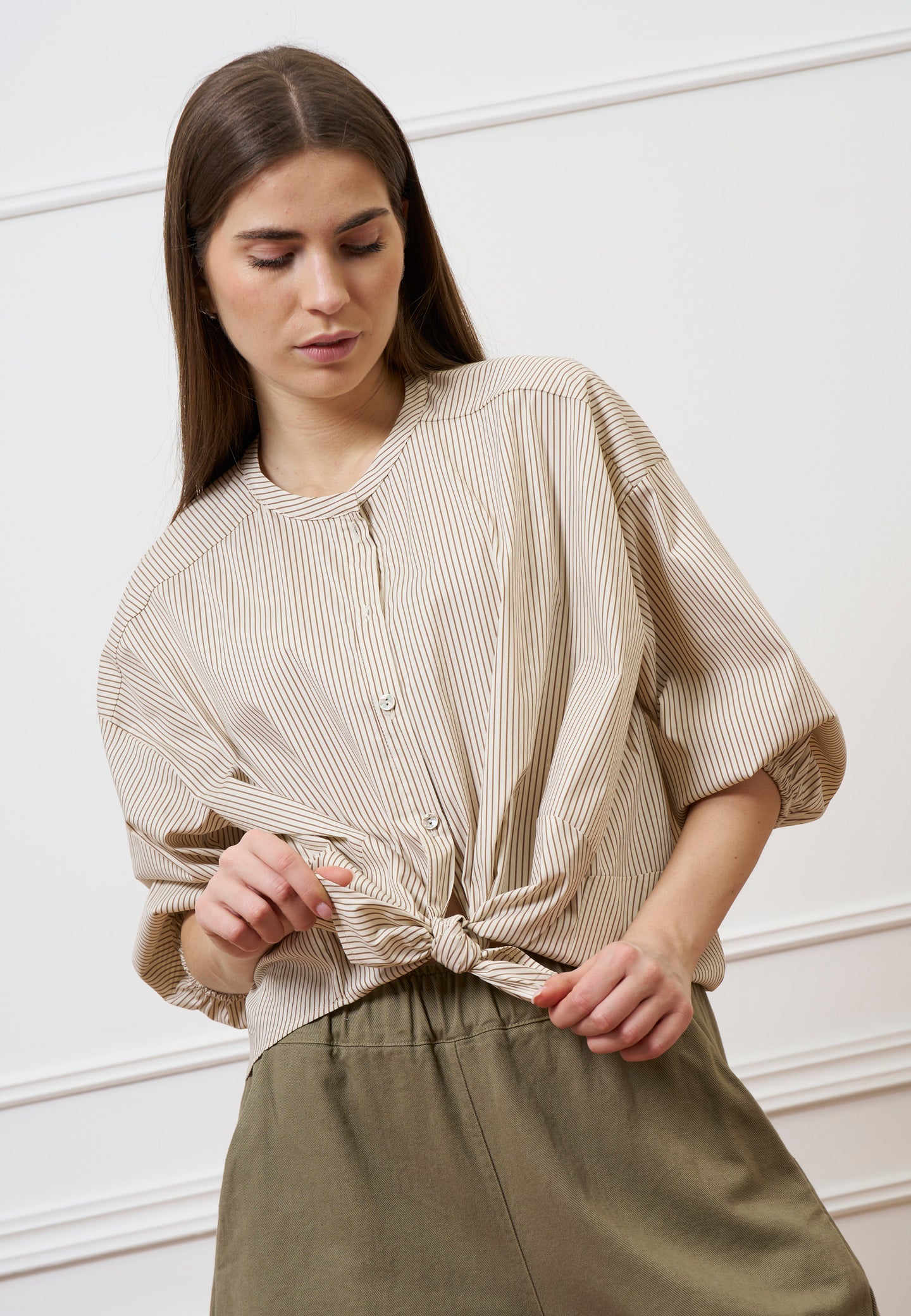 Camicia over in popeline rigato - AVORIO/NOCCIOLA