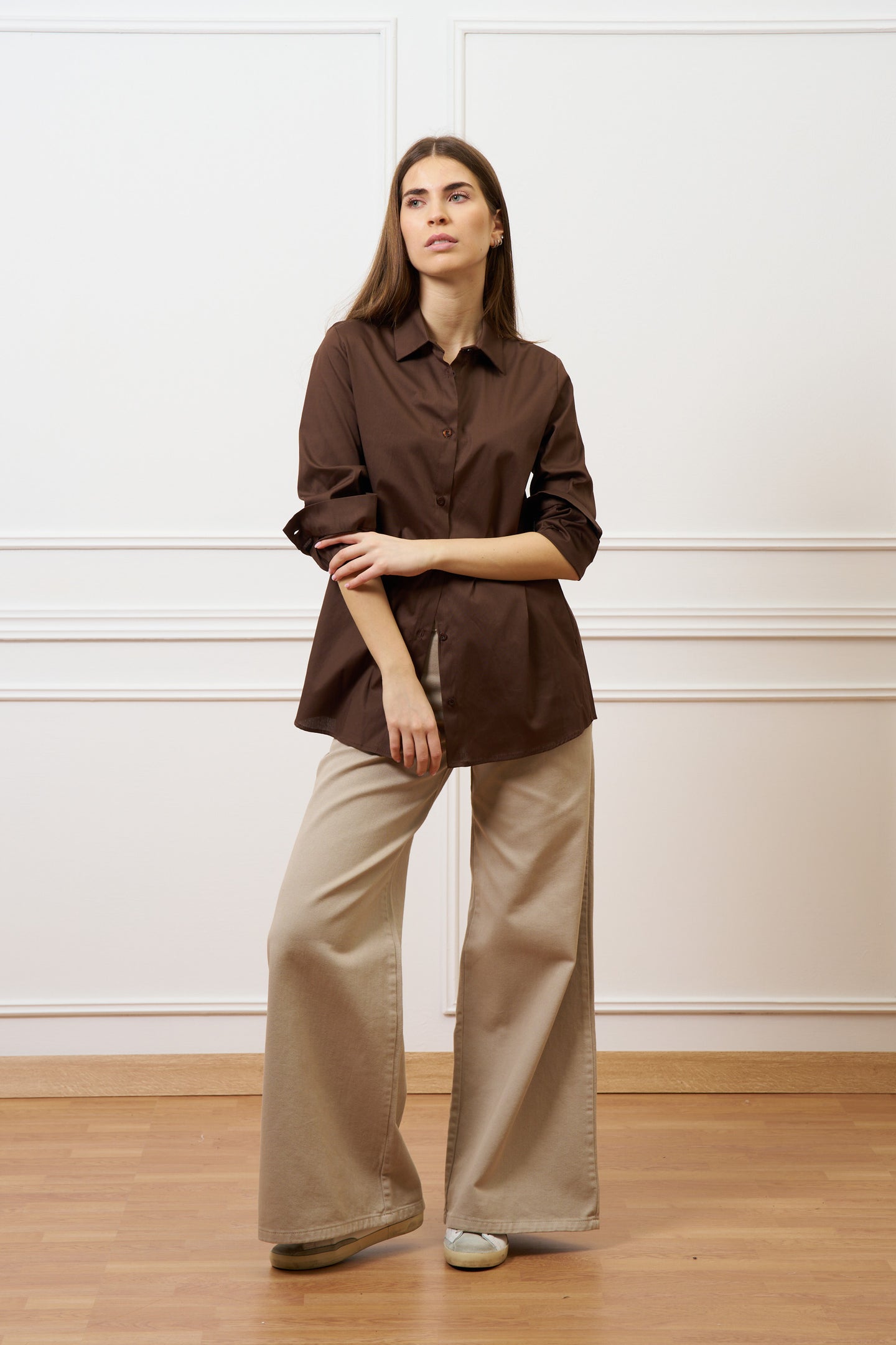 Camicia over lunga in cotone - MARRONE