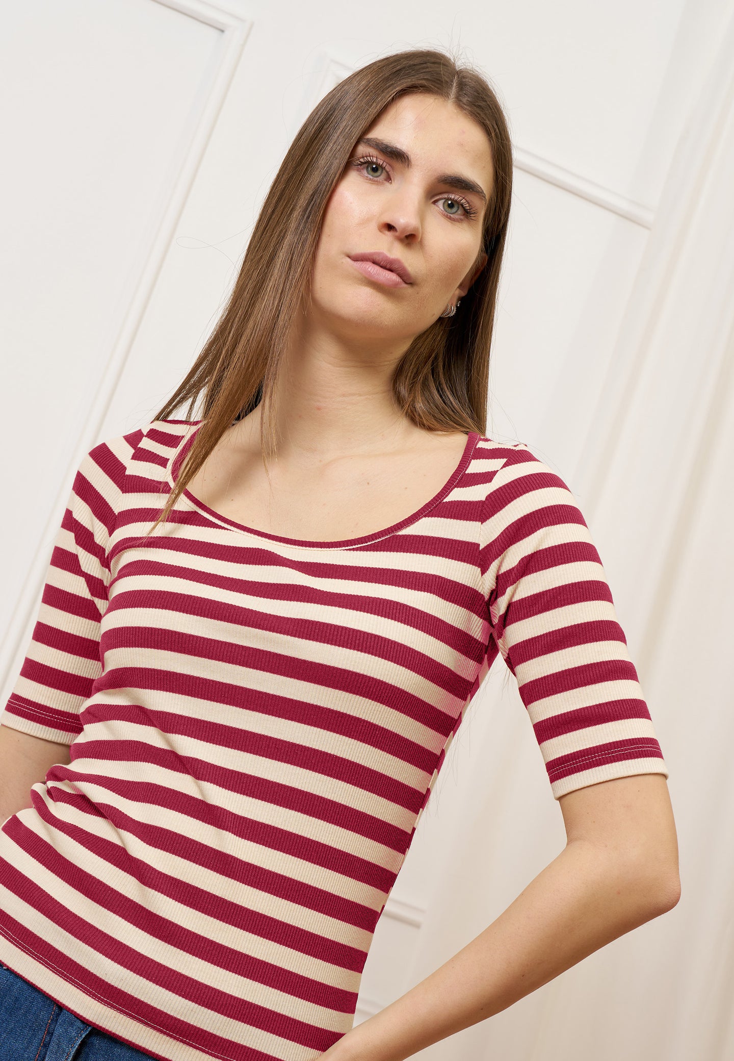 T-shirt a righe in costine stretch