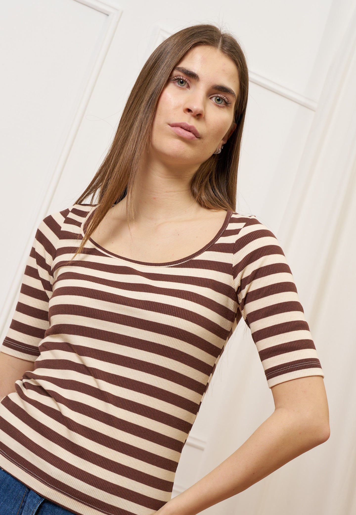 T-shirt a righe in costine stretch