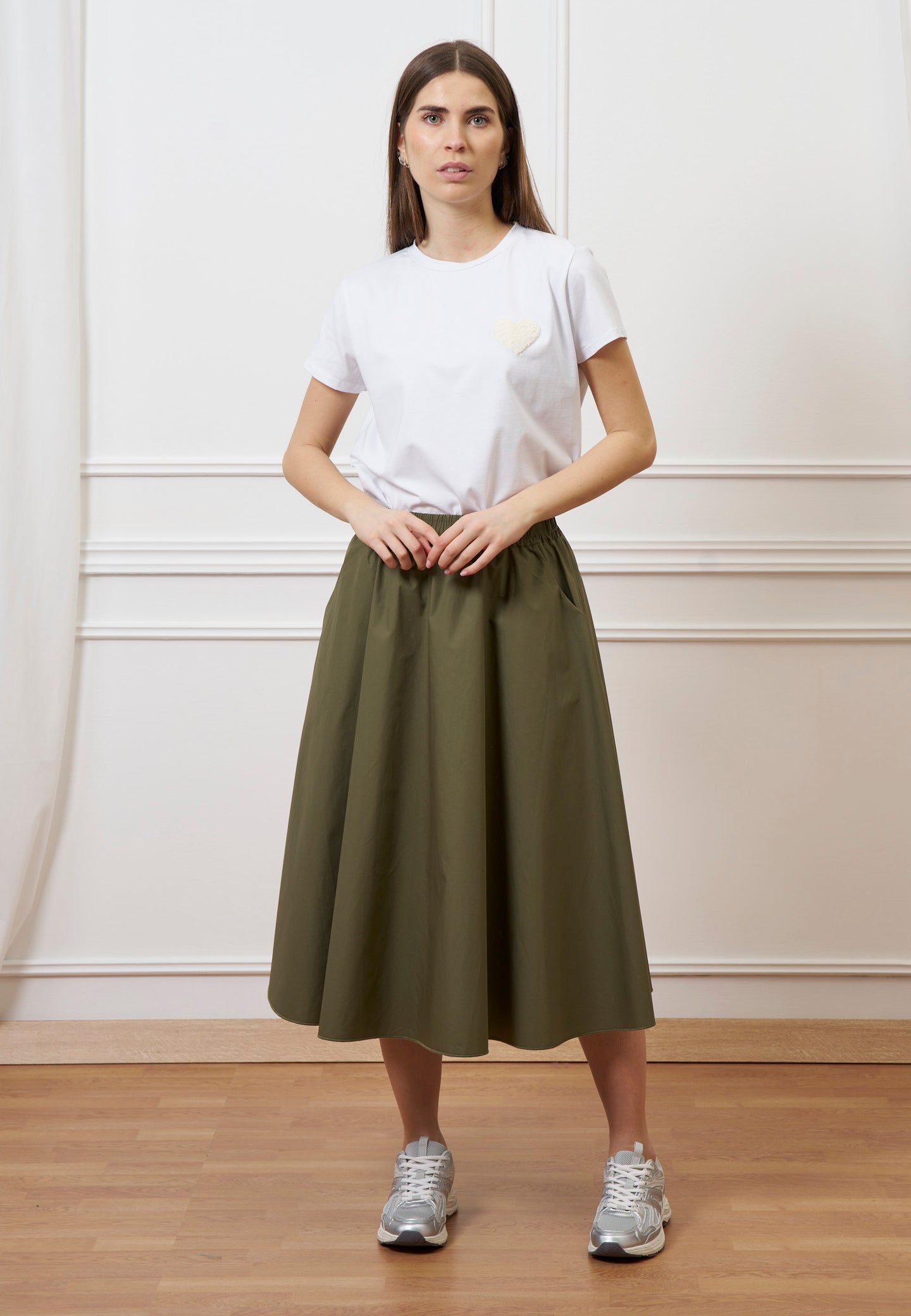 Gonna midi con elastico in vita - MILITARE