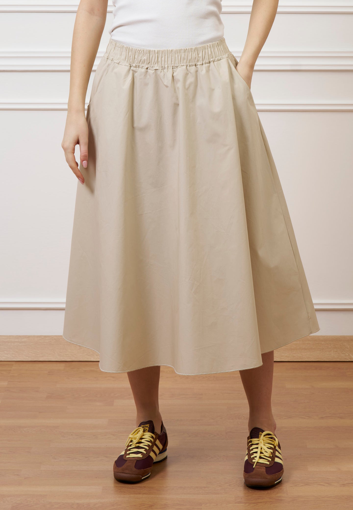 Gonna midi con elastico in vita - BEIGE