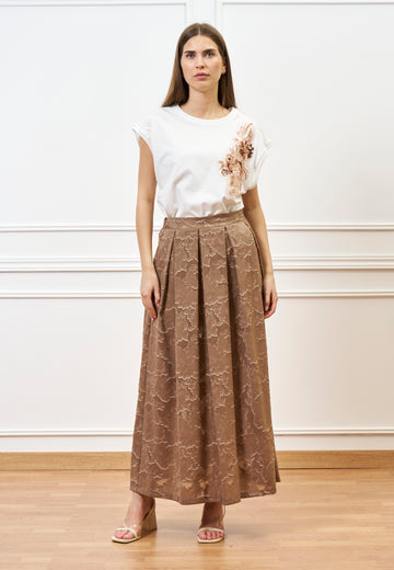 Gonna lunga ampia effetto ricamo - NOCCIOLA