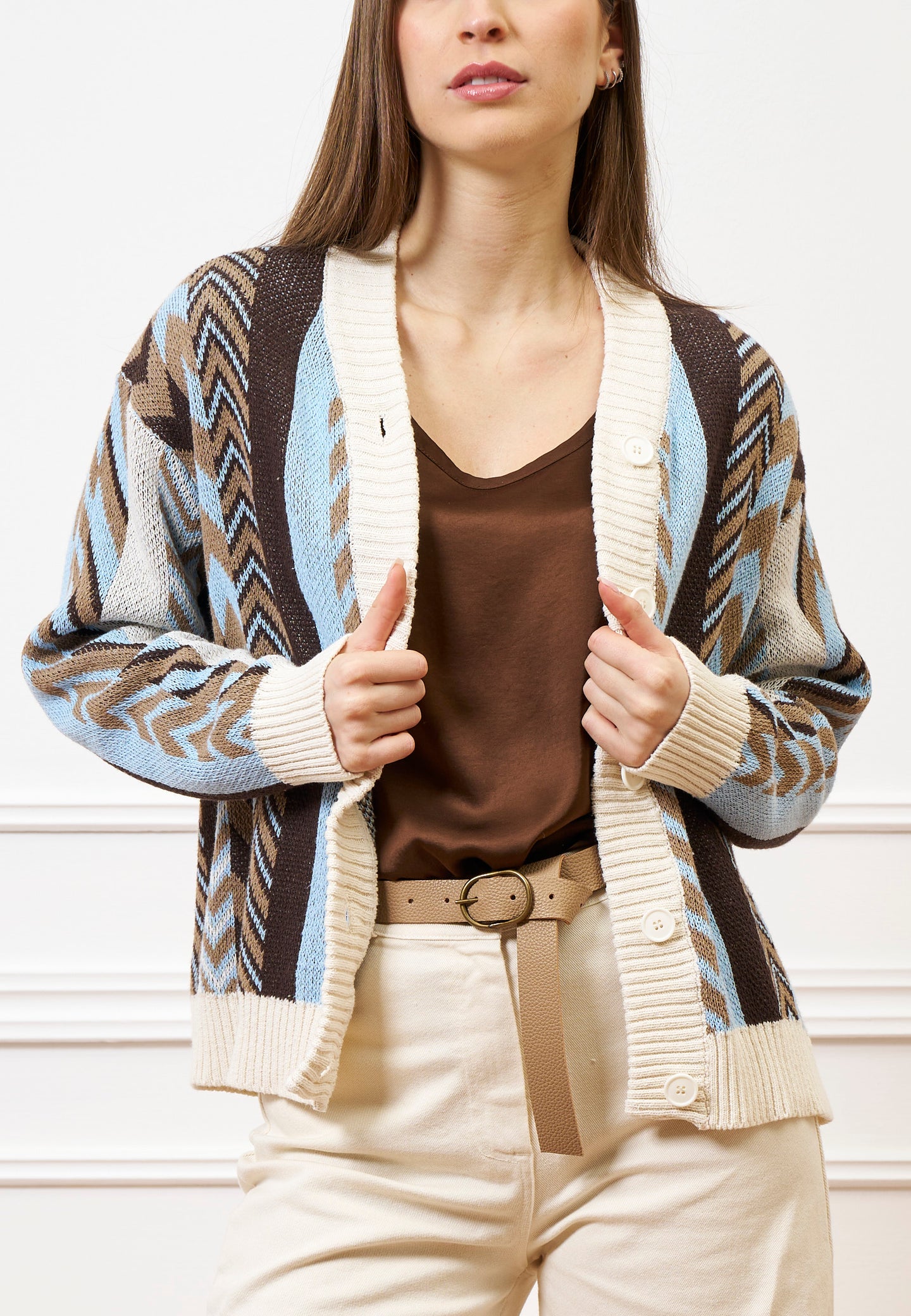 Cardigan motivo geometrico - CELESTE/TABACCO