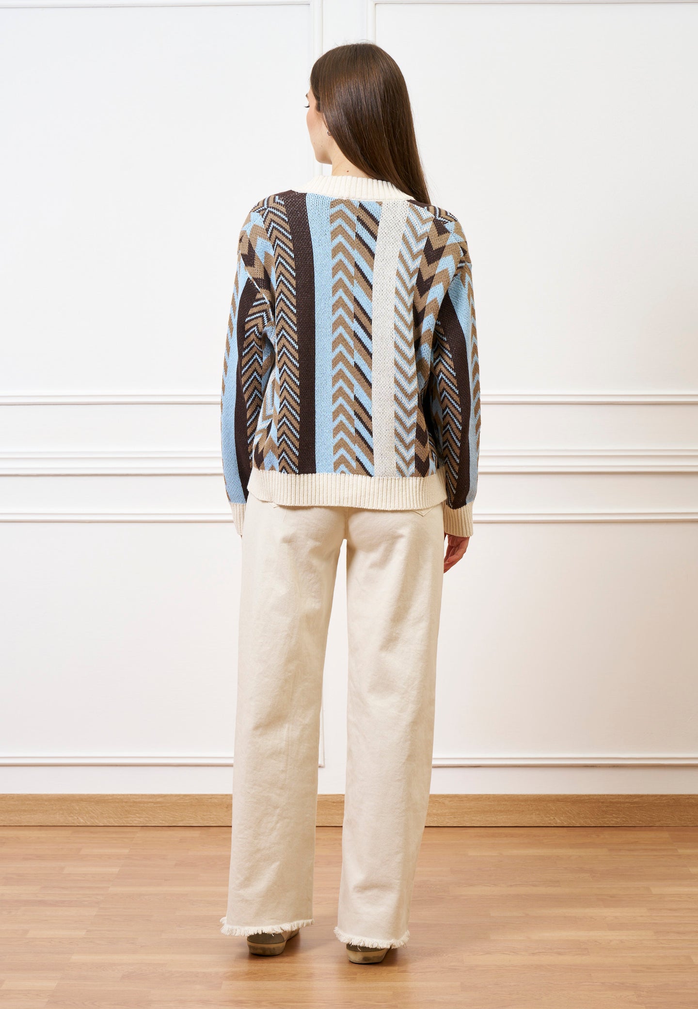 Cardigan motivo geometrico - CELESTE/TABACCO