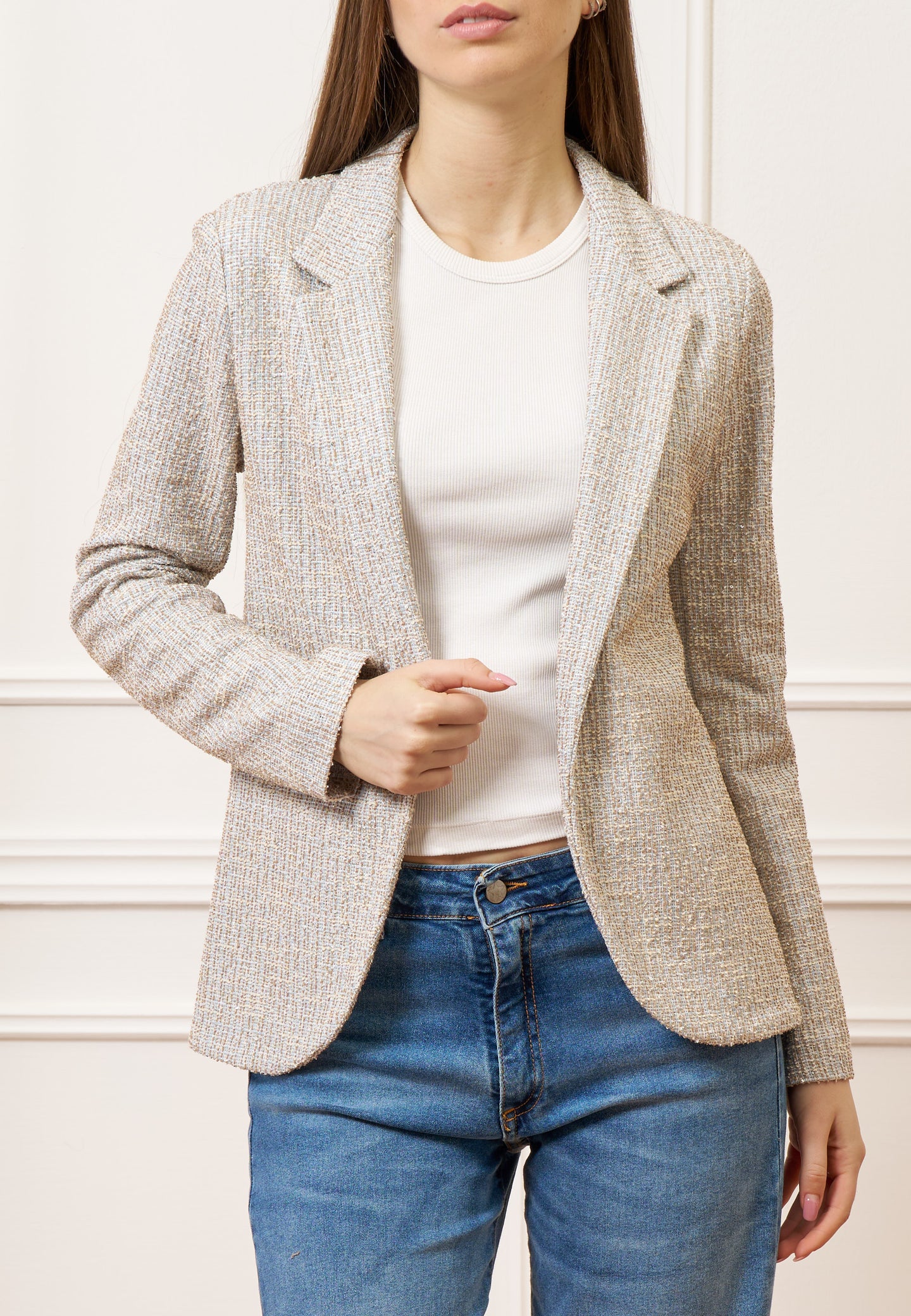 Giacca aperta jersey bouclè - CELESTE