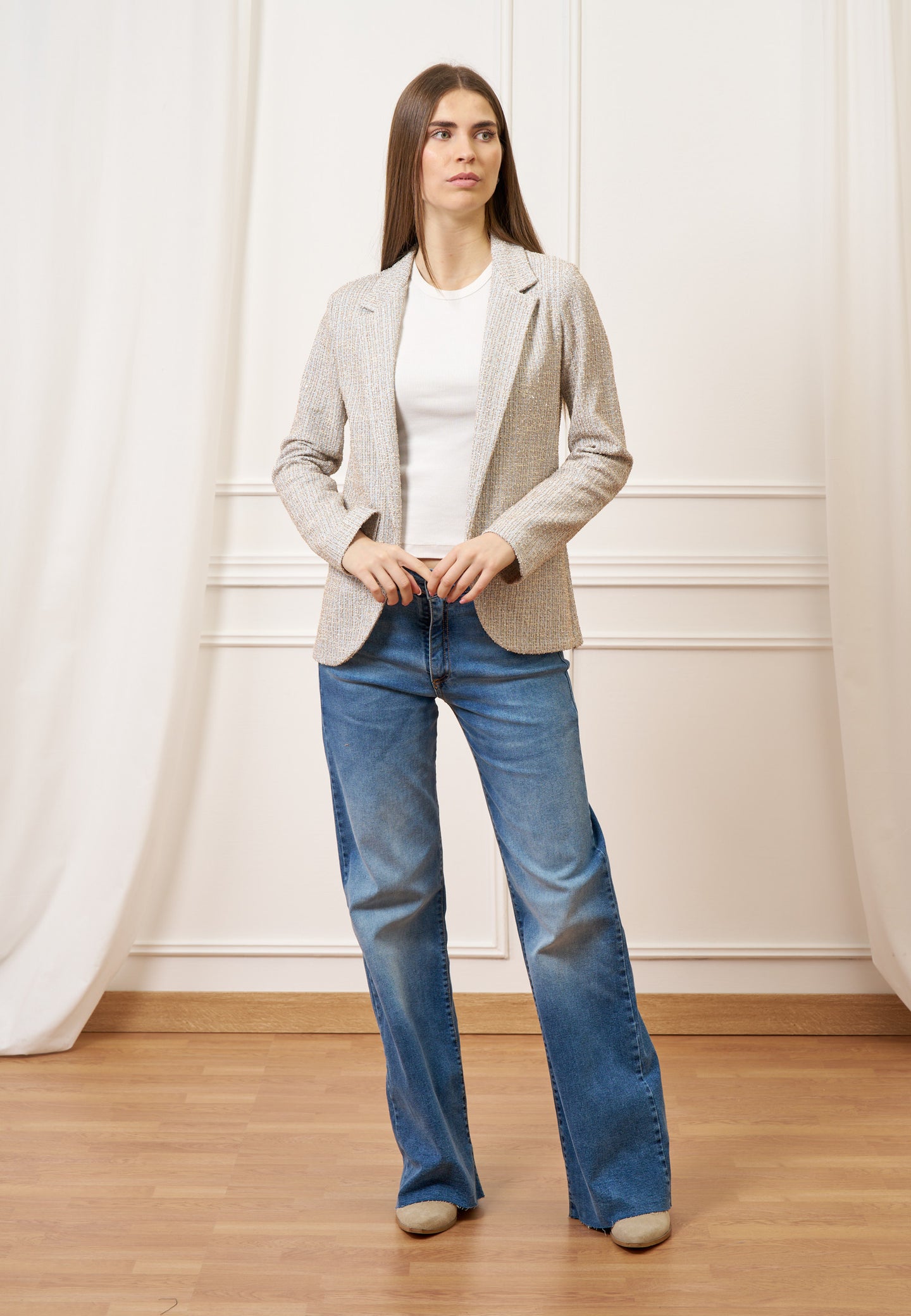 Giacca aperta jersey bouclè - CELESTE