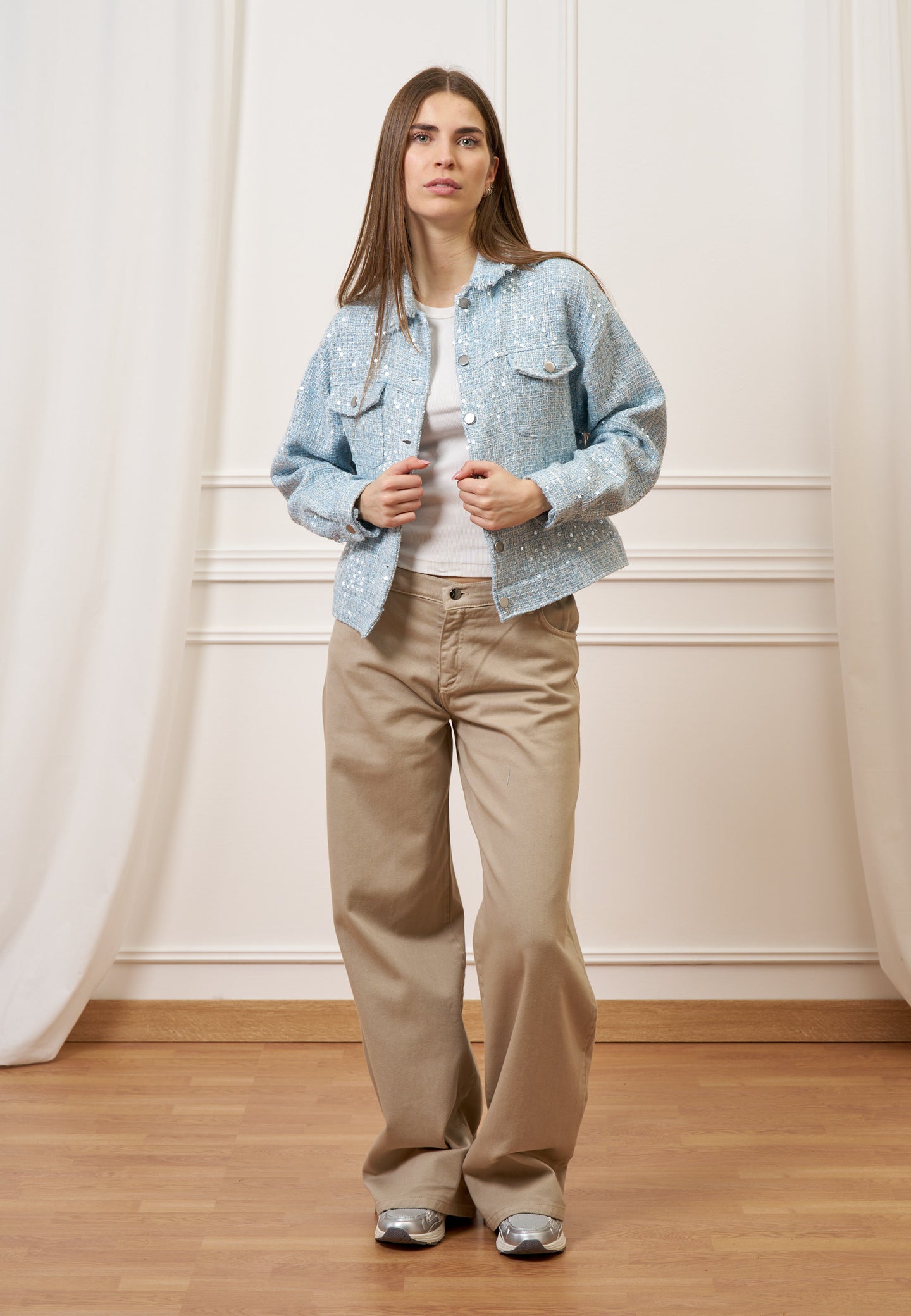 Giacca over in tweed con paillettes