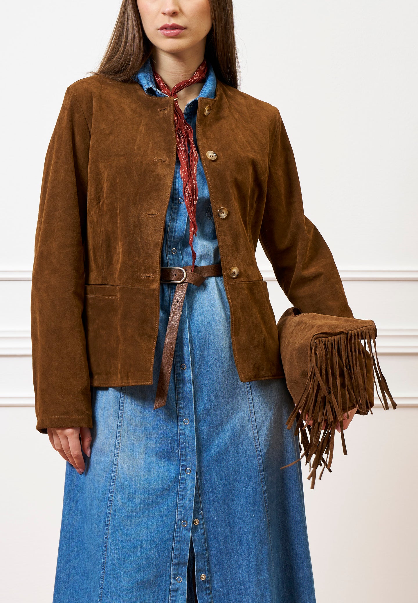 Giubbino girocollo pelle scamosciata - CAMMELLO