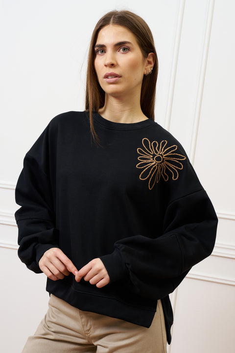 Felpa con ricamo e spacchi - NERO