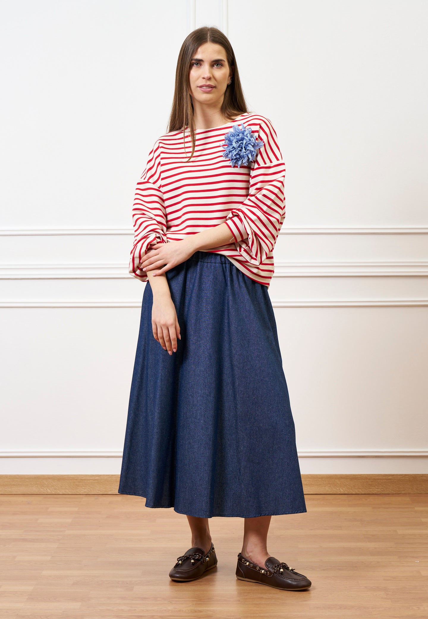 Felpa a righe manica voluminosa - AVORIO/ROSSO