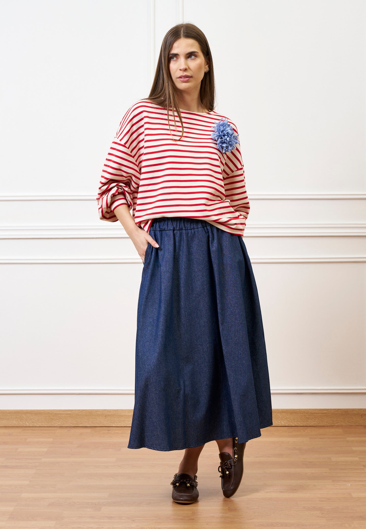 Felpa a righe manica voluminosa - AVORIO/ROSSO