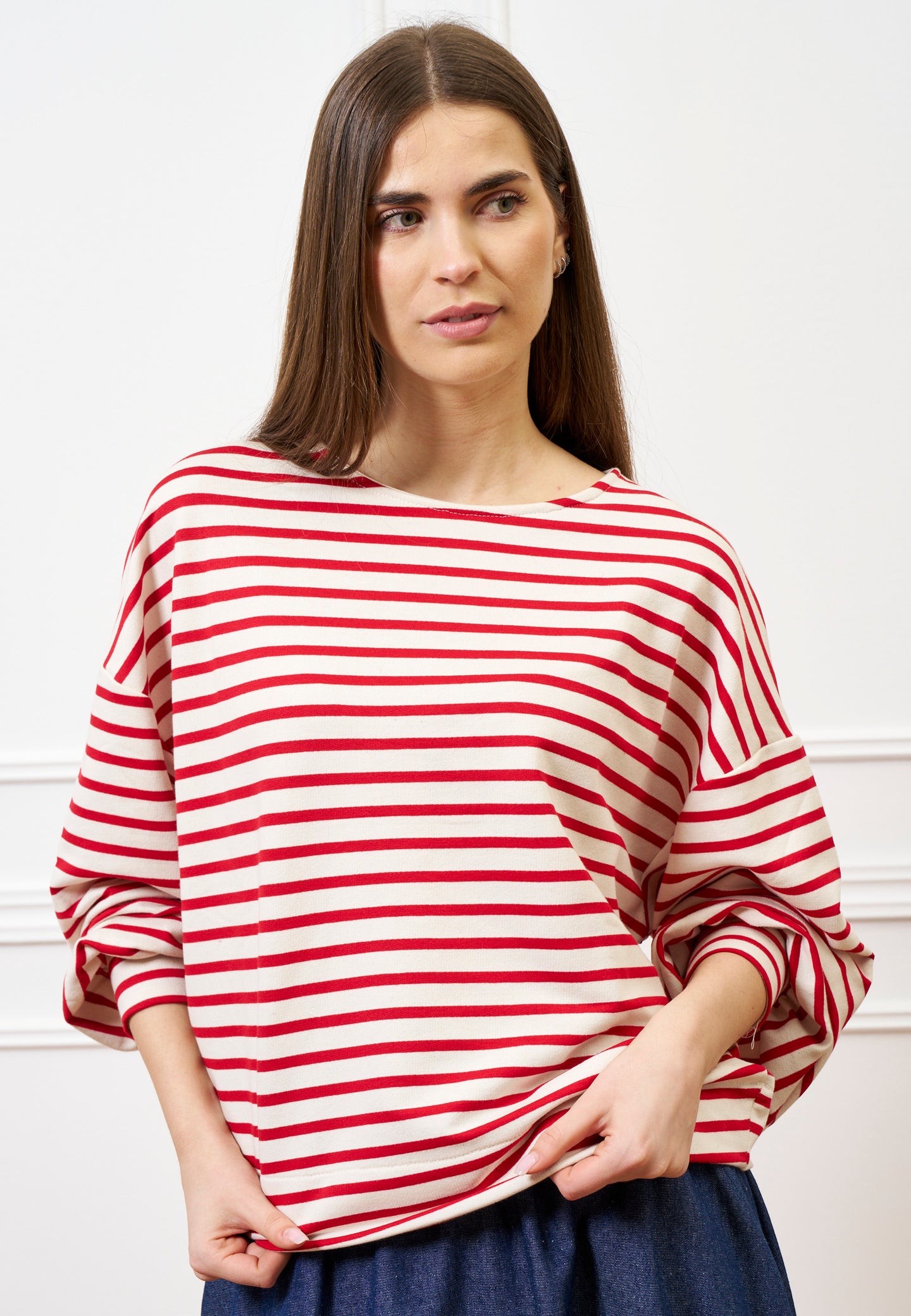 Felpa a righe manica voluminosa - AVORIO/ROSSO