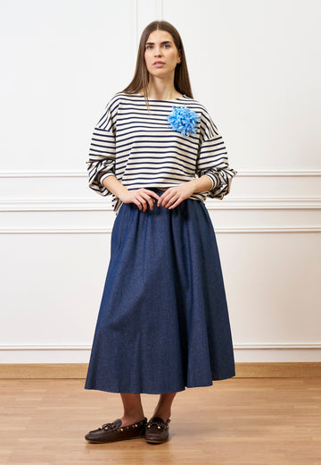 Felpa a righe manica voluminosa - AVORIO/BLU