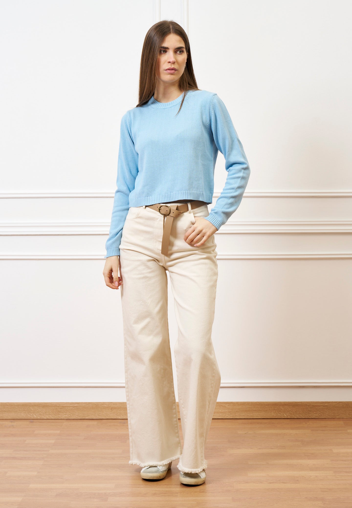 Maglia girocollo crop in cotone - CELESTE