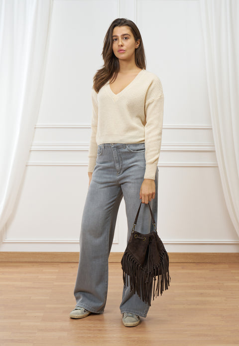 Maglia crop con scollo a v in lana