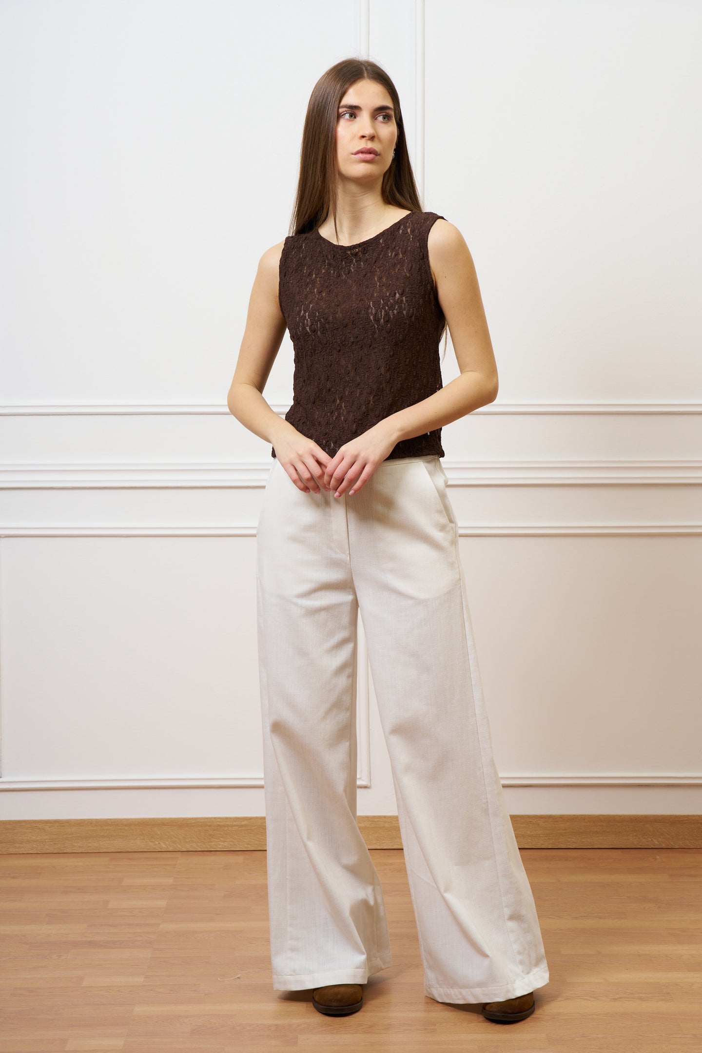 Pantalone ampio in cotone testurizzato - AVORIO