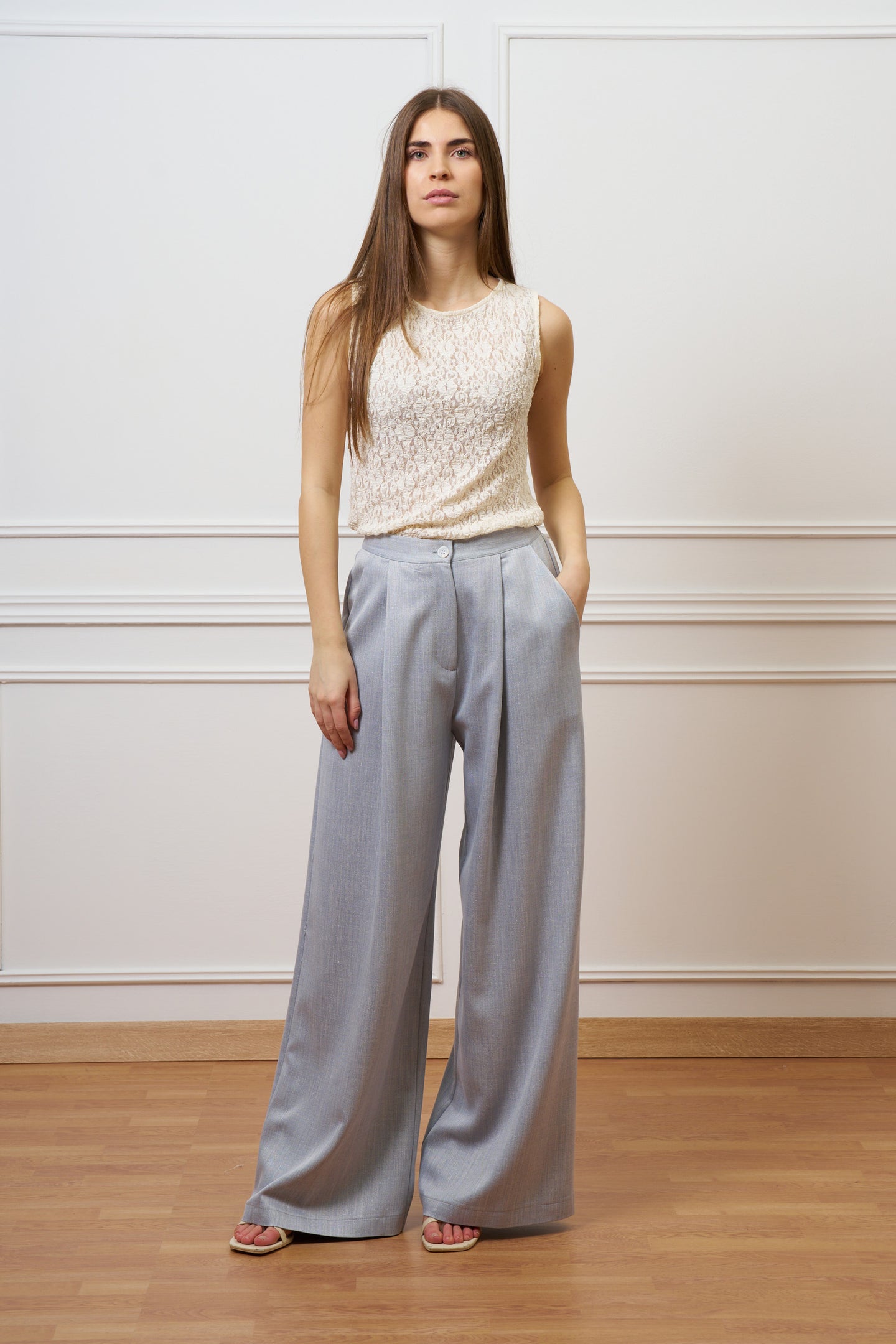Pantalone ampio con lurex - CELESTE