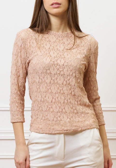 T-shirt in pizzo stretch maniche trequarti - CIPRIA