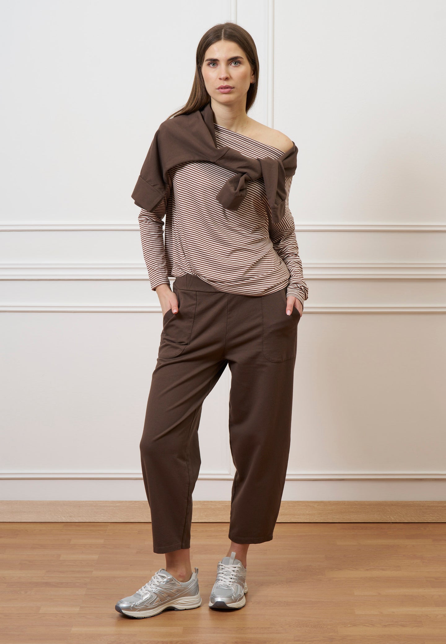 T-shirt scatola in jersey a righe - AVORIO/TABACCO