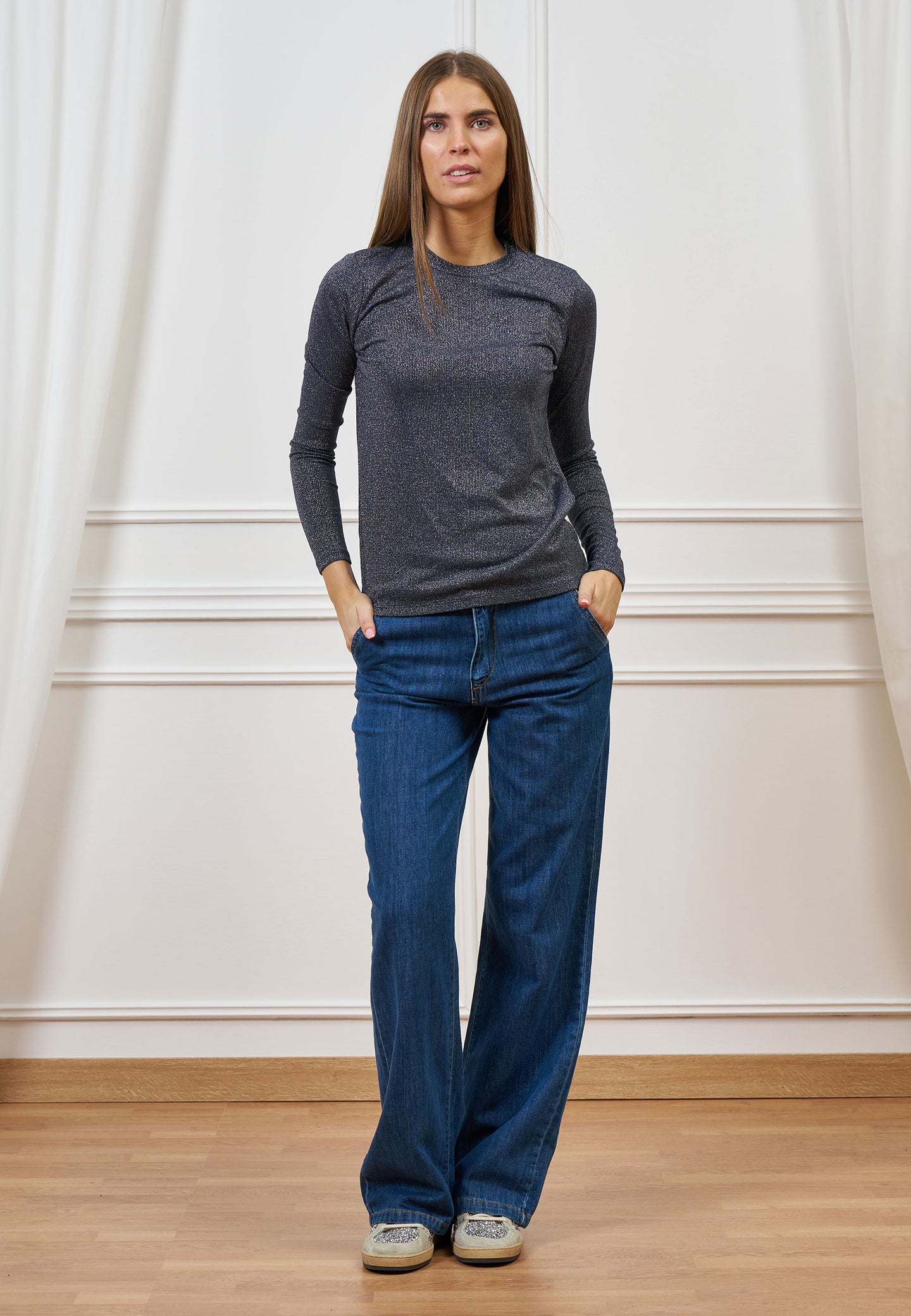 T-shirt in lurex a maniche lunghe