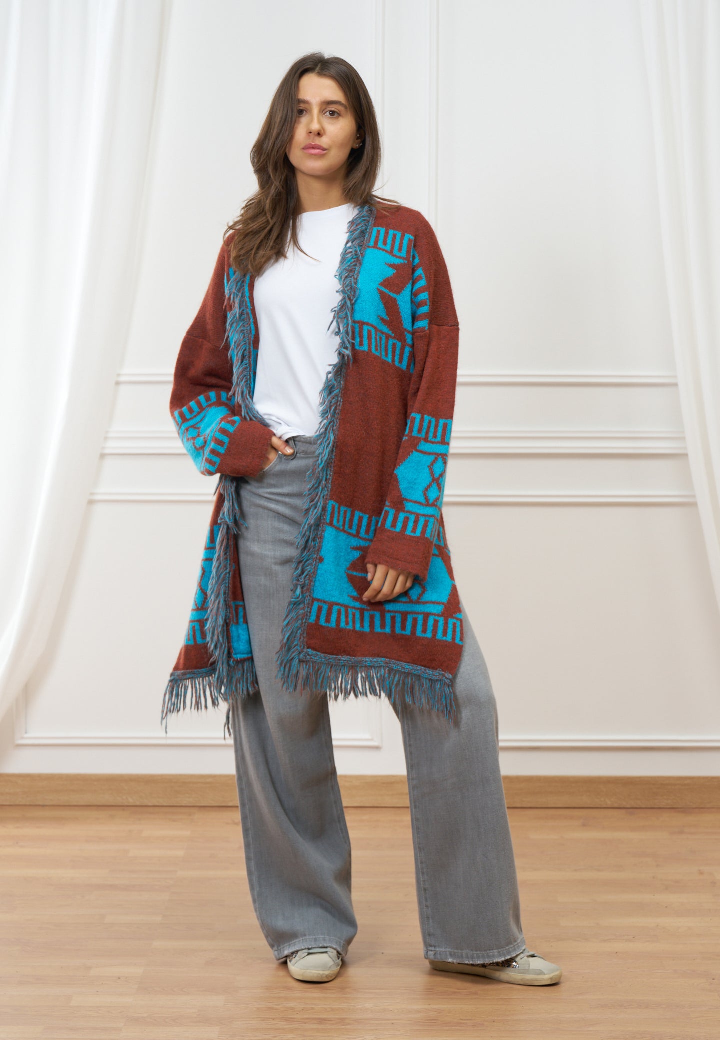 Cappotto jacquard con cintura