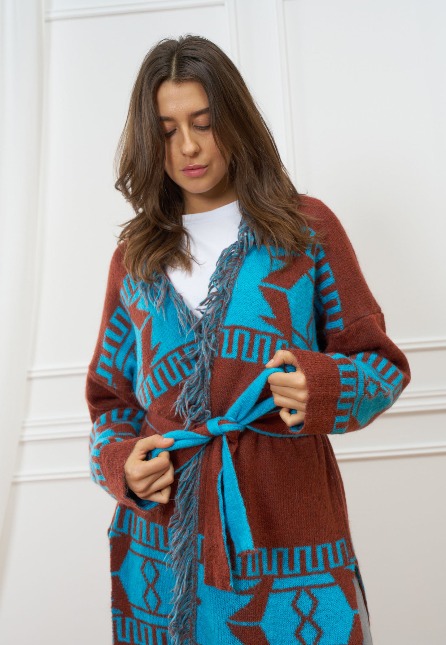 Cappotto jacquard con cintura